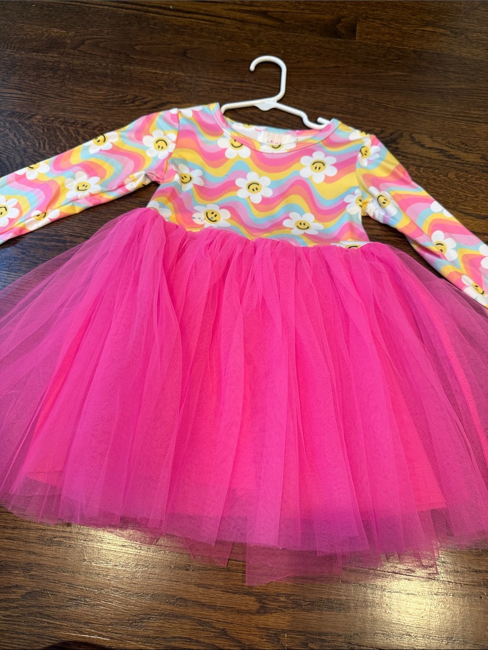 Girls Hot Pink Tulle Rainbow Smiley Flower Dance Dress